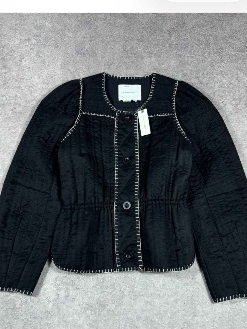 Anthropologie Black Quilted Jacket with White Whipstitch Trim